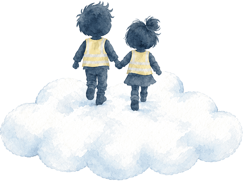 Illustration: Zwei Kinder gehen Hand in Hand auf einer Wolke
