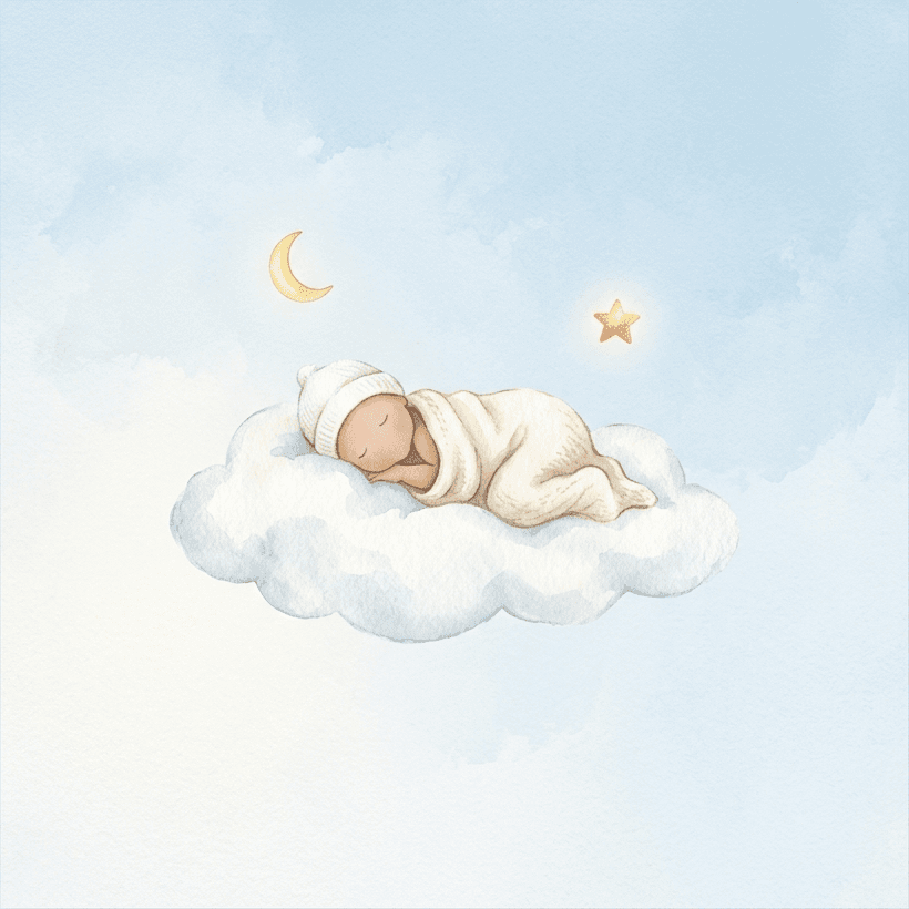Aquarell-Illustration: schlafendes Baby auf einer Wolke unter Mond und Stern