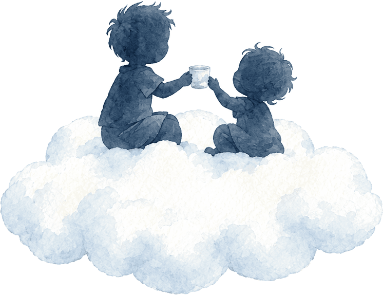 Illustration: Ein groesseres Kind reicht einem kleineren einen Becher auf einer Wolke
