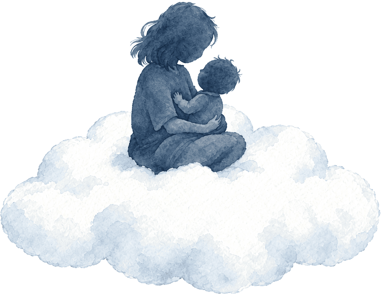 Illustration: Eine Betreuerin haelt ein Baby auf einer Wolke