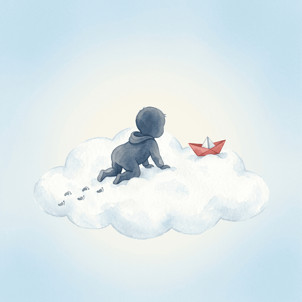 Aquarell-Illustration: Kleinkind krabbelt auf einer Wolke zu einem roten Papierboot