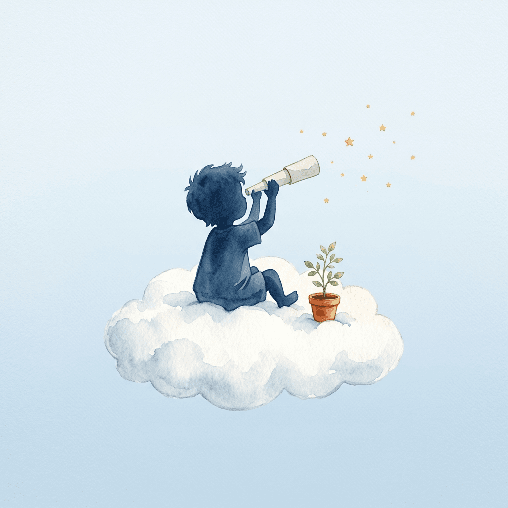 Aquarell-Illustration: Kind mit Fernrohr auf einer Wolke mit Sternchen und Topfpflanze