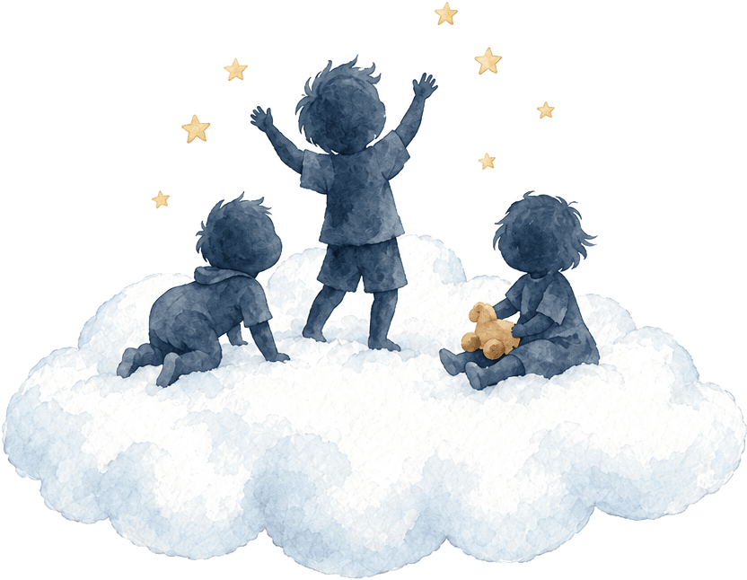 Illustration: Drei Kinder spielen zusammen auf einer Wolke
