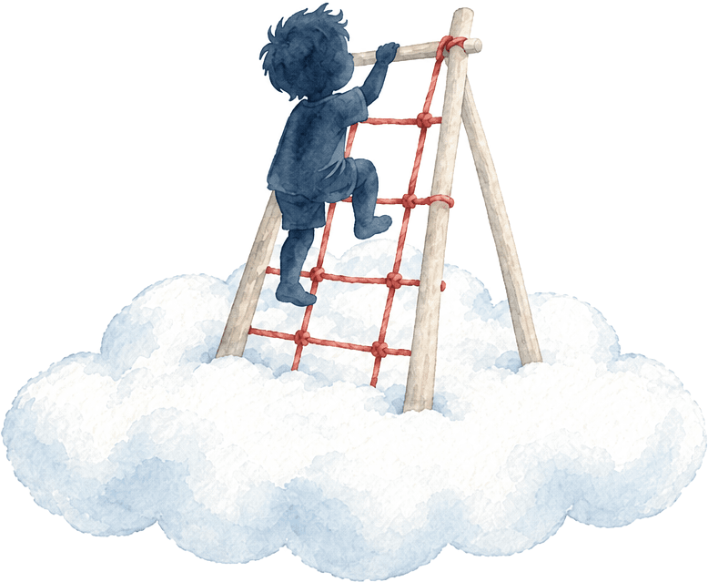 Illustration: Ein Kind klettert am Kletterturm auf einer Wolke