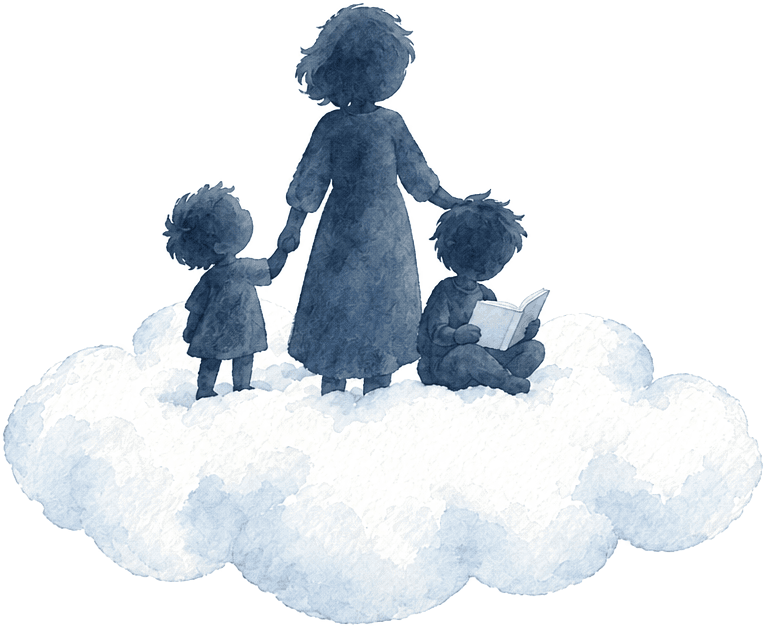 Illustration: Eine Betreuerin steht mit zwei Kindern auf einer Wolke